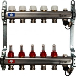 Коллектор из нержавеющей стали с расходомерами, с клапаном вып. воздуха и сливом 5 вых. STOUT