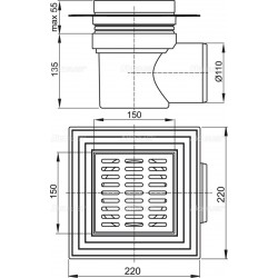 Трап ALCAPLAST Alcadrain 150*150/110мм. углов.пластм.решетка APV10